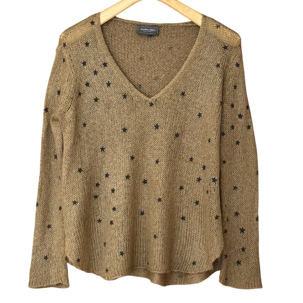 Wooden Ships Khaki Navy Star Open Knit Flare Sleeve Sweater Size S/M